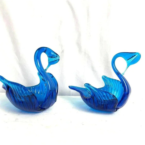 VTG Blue Glass Swan Trinket Candy Dish Bowl 6” Mid Century Modern Lot of 2 - Picture 6 of 15